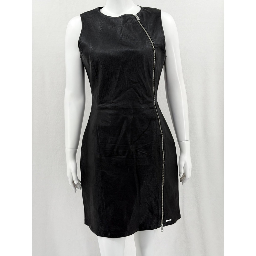 Vintage Diesel Dress Women Large Black 100% Leather Asymmetrical Zip Grunge Club